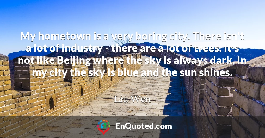 My hometown is a very boring city. There isn't a lot of industry - there are a lot of trees. It's not like Beijing where the sky is always dark. In my city the sky is blue and the sun shines.