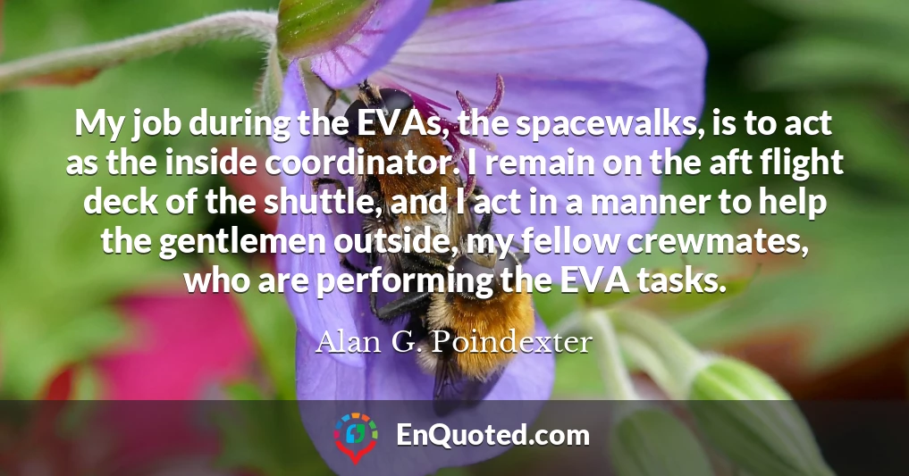 My job during the EVAs, the spacewalks, is to act as the inside coordinator. I remain on the aft flight deck of the shuttle, and I act in a manner to help the gentlemen outside, my fellow crewmates, who are performing the EVA tasks.