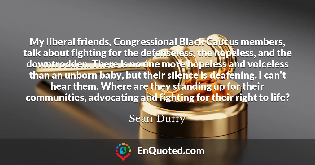 My liberal friends, Congressional Black Caucus members, talk about fighting for the defenseless, the hopeless, and the downtrodden. There is no one more hopeless and voiceless than an unborn baby, but their silence is deafening. I can't hear them. Where are they standing up for their communities, advocating and fighting for their right to life?