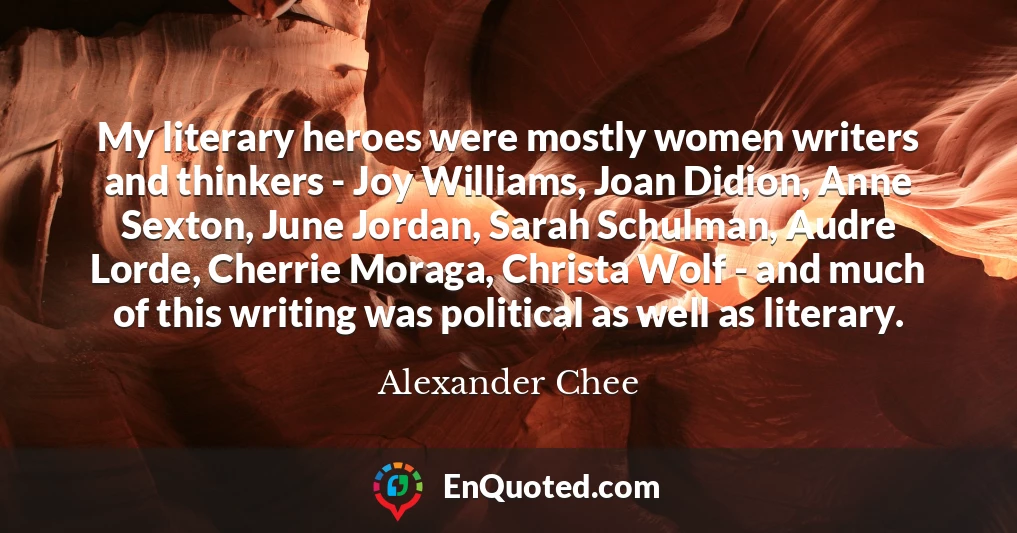 My literary heroes were mostly women writers and thinkers - Joy Williams, Joan Didion, Anne Sexton, June Jordan, Sarah Schulman, Audre Lorde, Cherrie Moraga, Christa Wolf - and much of this writing was political as well as literary.