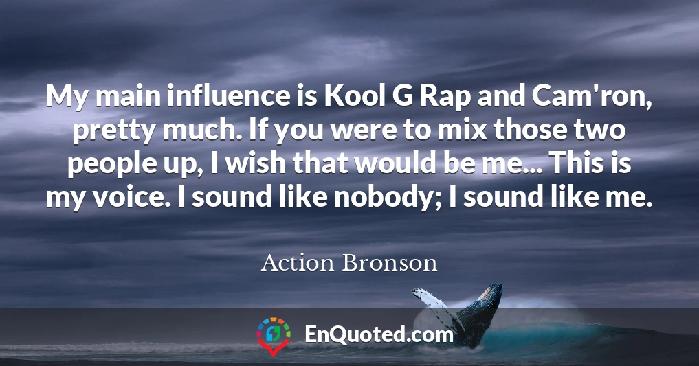 My main influence is Kool G Rap and Cam'ron, pretty much. If you were to mix those two people up, I wish that would be me... This is my voice. I sound like nobody; I sound like me.