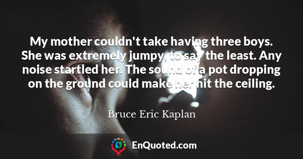 My mother couldn't take having three boys. She was extremely jumpy, to say the least. Any noise startled her. The sound of a pot dropping on the ground could make her hit the ceiling.