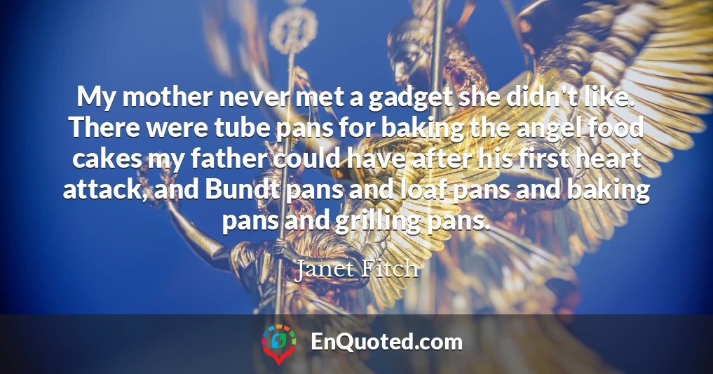 My mother never met a gadget she didn't like. There were tube pans for baking the angel food cakes my father could have after his first heart attack, and Bundt pans and loaf pans and baking pans and grilling pans.