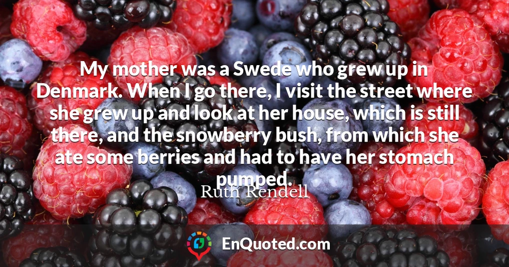My mother was a Swede who grew up in Denmark. When I go there, I visit the street where she grew up and look at her house, which is still there, and the snowberry bush, from which she ate some berries and had to have her stomach pumped.