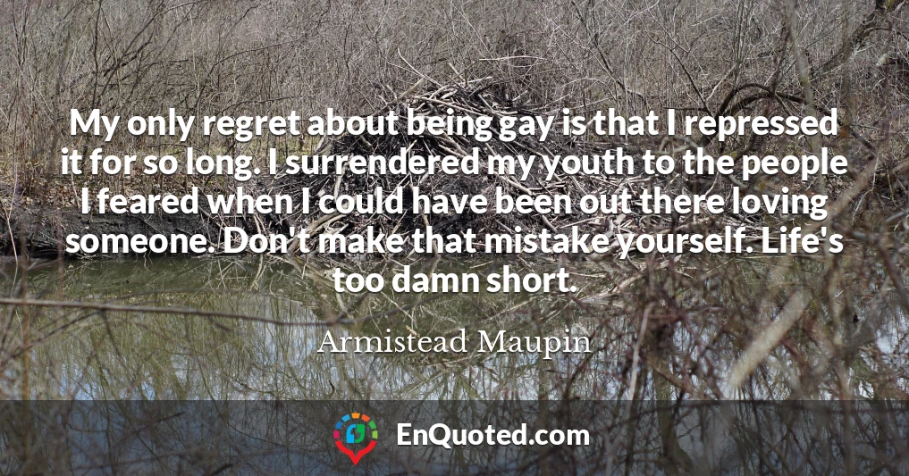 My only regret about being gay is that I repressed it for so long. I surrendered my youth to the people I feared when I could have been out there loving someone. Don't make that mistake yourself. Life's too damn short.