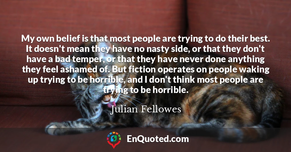 My own belief is that most people are trying to do their best. It doesn't mean they have no nasty side, or that they don't have a bad temper, or that they have never done anything they feel ashamed of. But fiction operates on people waking up trying to be horrible, and I don't think most people are trying to be horrible.