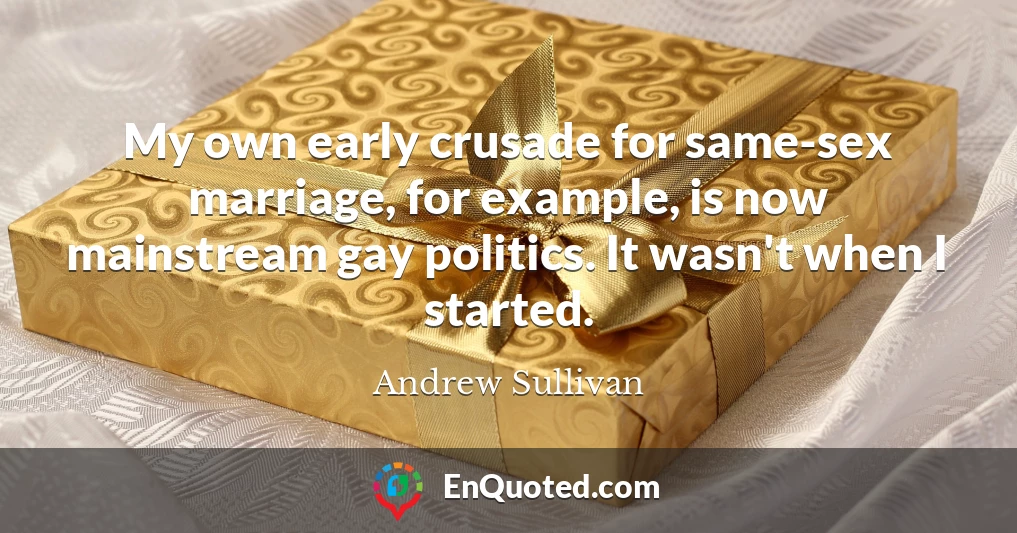 My own early crusade for same-sex marriage, for example, is now mainstream gay politics. It wasn't when I started.