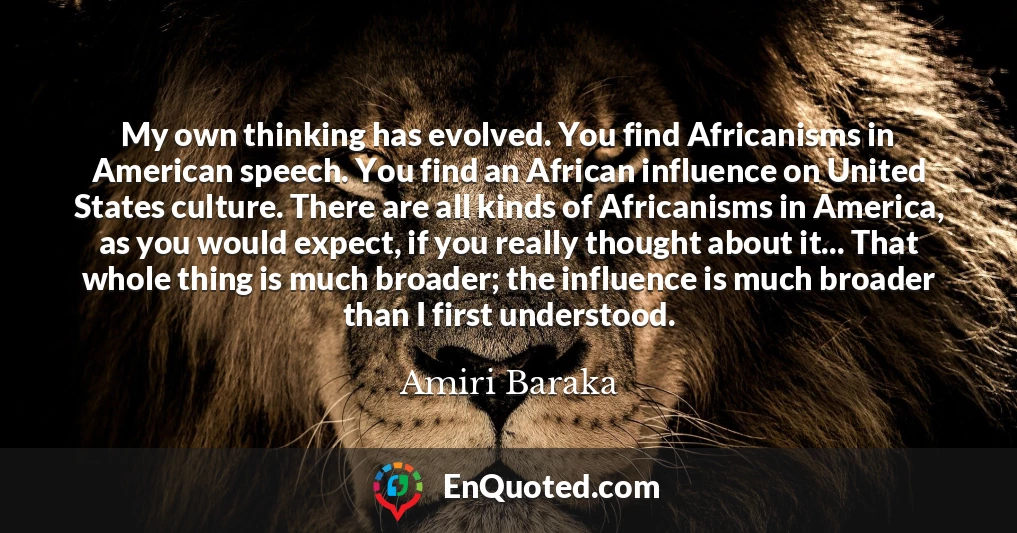 My own thinking has evolved. You find Africanisms in American speech. You find an African influence on United States culture. There are all kinds of Africanisms in America, as you would expect, if you really thought about it... That whole thing is much broader; the influence is much broader than I first understood.