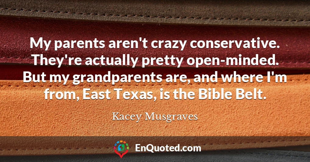 My parents aren't crazy conservative. They're actually pretty open-minded. But my grandparents are, and where I'm from, East Texas, is the Bible Belt.