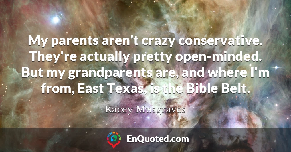 My parents aren't crazy conservative. They're actually pretty open-minded. But my grandparents are, and where I'm from, East Texas, is the Bible Belt.