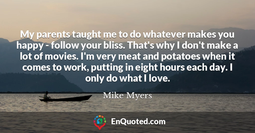 My parents taught me to do whatever makes you happy - follow your bliss. That's why I don't make a lot of movies. I'm very meat and potatoes when it comes to work, putting in eight hours each day. I only do what I love.