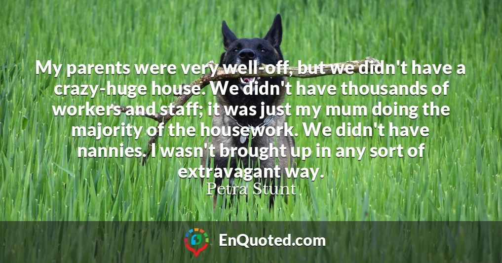 My parents were very well-off, but we didn't have a crazy-huge house. We didn't have thousands of workers and staff; it was just my mum doing the majority of the housework. We didn't have nannies. I wasn't brought up in any sort of extravagant way.