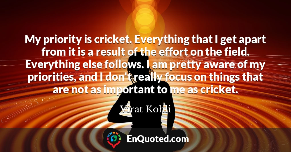 My priority is cricket. Everything that I get apart from it is a result of the effort on the field. Everything else follows. I am pretty aware of my priorities, and I don't really focus on things that are not as important to me as cricket.