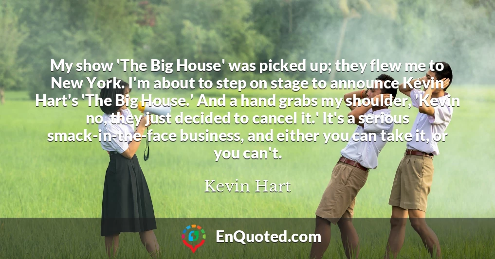 My show 'The Big House' was picked up; they flew me to New York. I'm about to step on stage to announce Kevin Hart's 'The Big House.' And a hand grabs my shoulder, 'Kevin no, they just decided to cancel it.' It's a serious smack-in-the-face business, and either you can take it, or you can't.