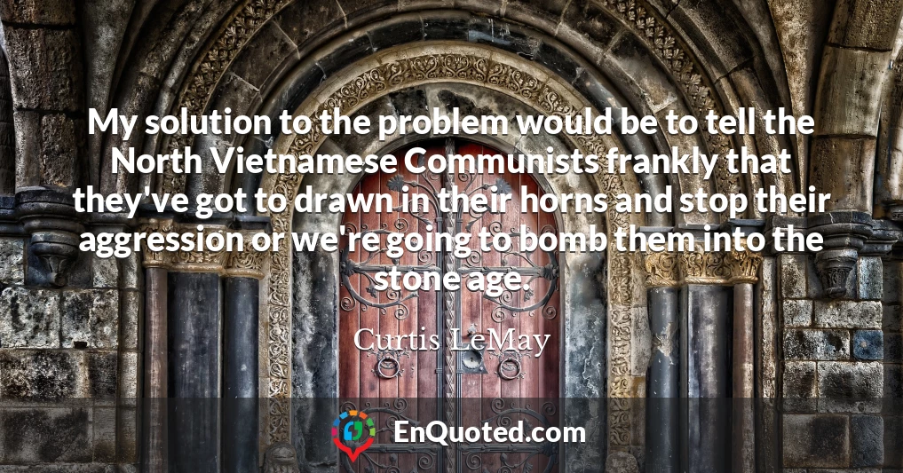 My solution to the problem would be to tell the North Vietnamese Communists frankly that they've got to drawn in their horns and stop their aggression or we're going to bomb them into the stone age.