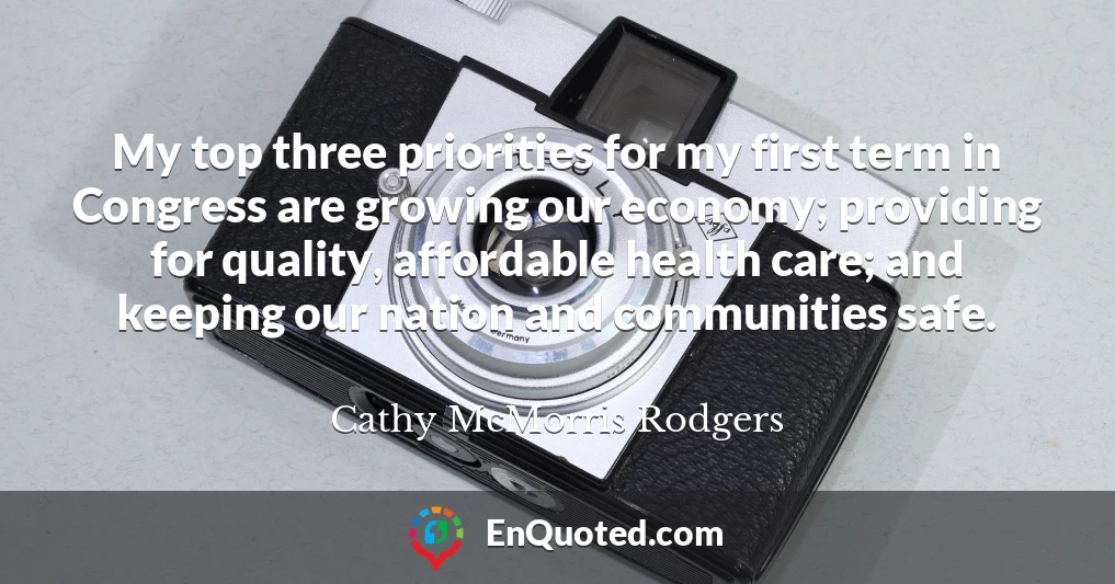 My top three priorities for my first term in Congress are growing our economy; providing for quality, affordable health care; and keeping our nation and communities safe.