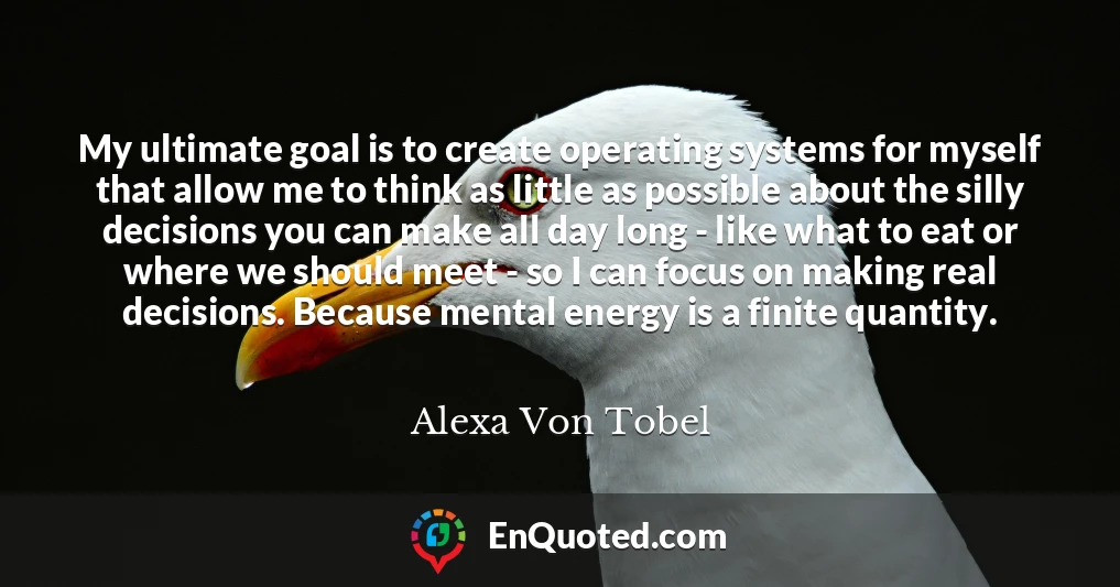My ultimate goal is to create operating systems for myself that allow me to think as little as possible about the silly decisions you can make all day long - like what to eat or where we should meet - so I can focus on making real decisions. Because mental energy is a finite quantity.