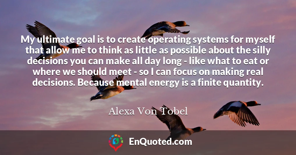 My ultimate goal is to create operating systems for myself that allow me to think as little as possible about the silly decisions you can make all day long - like what to eat or where we should meet - so I can focus on making real decisions. Because mental energy is a finite quantity.