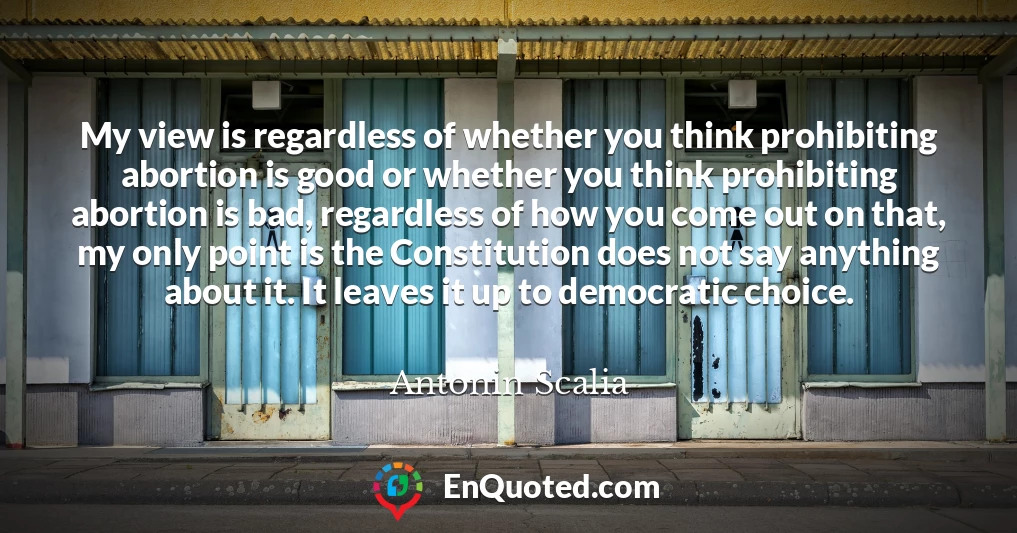 My view is regardless of whether you think prohibiting abortion is good or whether you think prohibiting abortion is bad, regardless of how you come out on that, my only point is the Constitution does not say anything about it. It leaves it up to democratic choice.