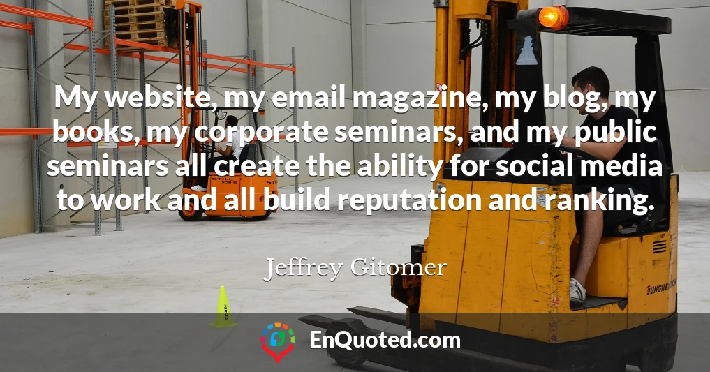 My website, my email magazine, my blog, my books, my corporate seminars, and my public seminars all create the ability for social media to work and all build reputation and ranking.