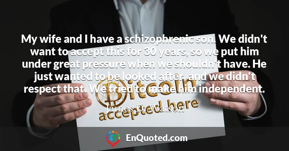 My wife and I have a schizophrenic son. We didn't want to accept this for 30 years, so we put him under great pressure when we shouldn't have. He just wanted to be looked after, and we didn't respect that. We tried to make him independent.