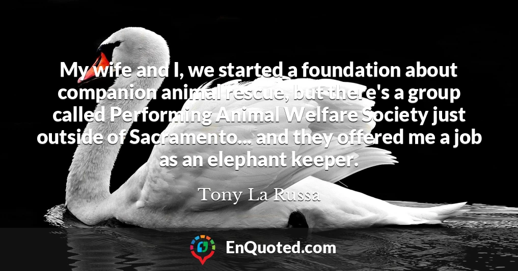 My wife and I, we started a foundation about companion animal rescue, but there's a group called Performing Animal Welfare Society just outside of Sacramento... and they offered me a job as an elephant keeper.