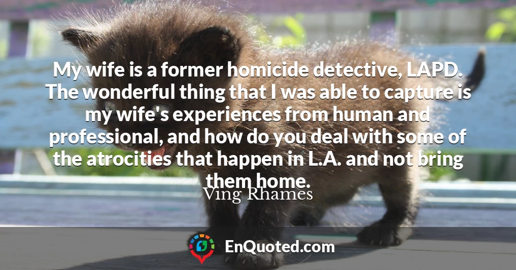 My wife is a former homicide detective, LAPD. The wonderful thing that I was able to capture is my wife's experiences from human and professional, and how do you deal with some of the atrocities that happen in L.A. and not bring them home.