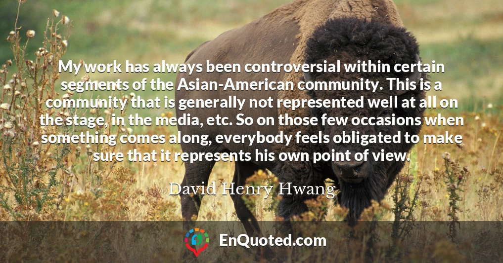 My work has always been controversial within certain segments of the Asian-American community. This is a community that is generally not represented well at all on the stage, in the media, etc. So on those few occasions when something comes along, everybody feels obligated to make sure that it represents his own point of view.