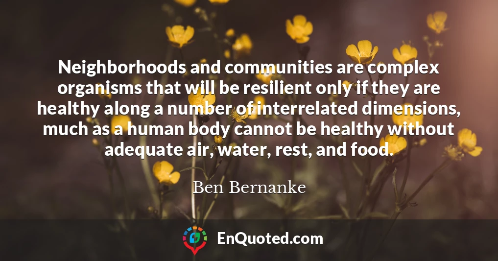 Neighborhoods and communities are complex organisms that will be resilient only if they are healthy along a number of interrelated dimensions, much as a human body cannot be healthy without adequate air, water, rest, and food.