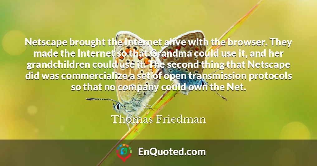 Netscape brought the Internet alive with the browser. They made the Internet so that Grandma could use it, and her grandchildren could use it. The second thing that Netscape did was commercialize a set of open transmission protocols so that no company could own the Net.