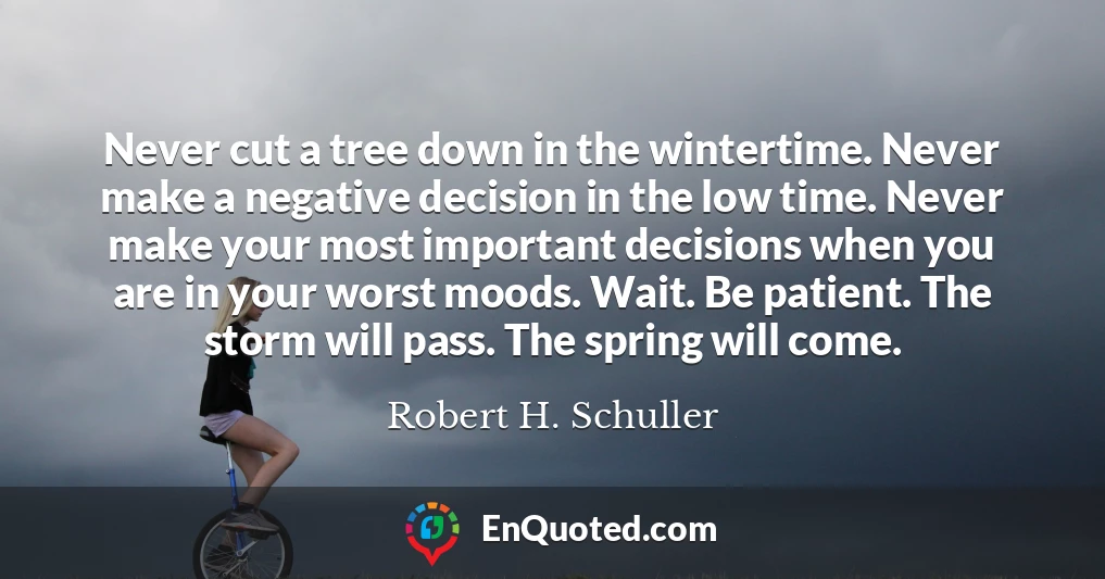 Never cut a tree down in the wintertime. Never make a negative decision in the low time. Never make your most important decisions when you are in your worst moods. Wait. Be patient. The storm will pass. The spring will come.