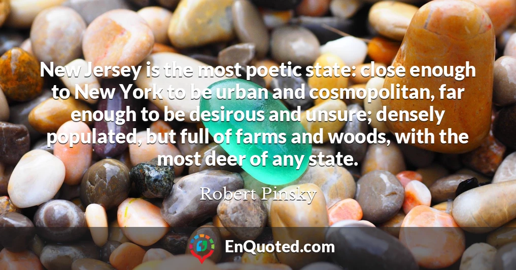 New Jersey is the most poetic state: close enough to New York to be urban and cosmopolitan, far enough to be desirous and unsure; densely populated, but full of farms and woods, with the most deer of any state.