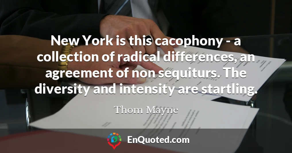 New York is this cacophony - a collection of radical differences, an agreement of non sequiturs. The diversity and intensity are startling.
