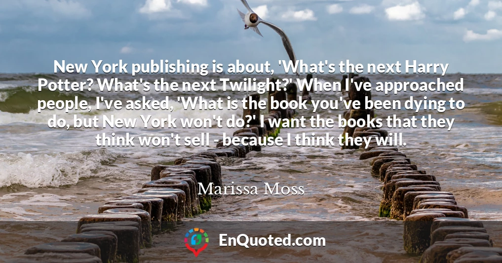 New York publishing is about, 'What's the next Harry Potter? What's the next Twilight?' When I've approached people, I've asked, 'What is the book you've been dying to do, but New York won't do?' I want the books that they think won't sell - because I think they will.