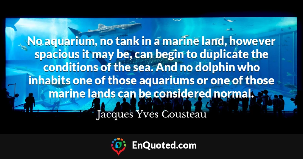 No aquarium, no tank in a marine land, however spacious it may be, can begin to duplicate the conditions of the sea. And no dolphin who inhabits one of those aquariums or one of those marine lands can be considered normal.