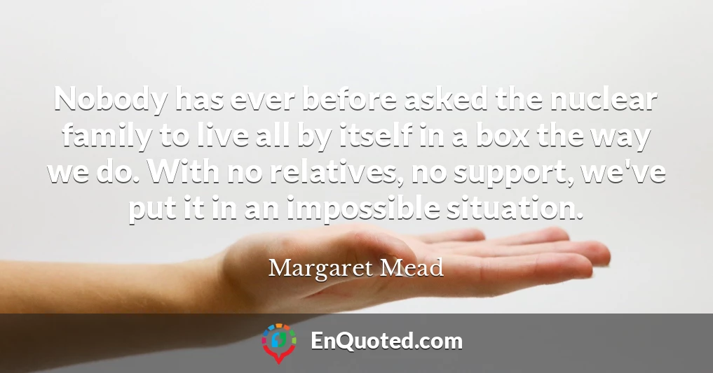 Nobody has ever before asked the nuclear family to live all by itself in a box the way we do. With no relatives, no support, we've put it in an impossible situation.