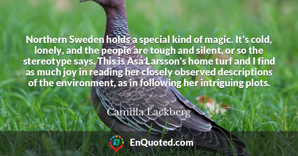 Northern Sweden holds a special kind of magic. It's cold, lonely, and the people are tough and silent, or so the stereotype says. This is Asa Larsson's home turf and I find as much joy in reading her closely observed descriptions of the environment, as in following her intriguing plots.
