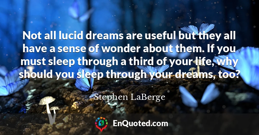 Not all lucid dreams are useful but they all have a sense of wonder about them. If you must sleep through a third of your life, why should you sleep through your dreams, too?