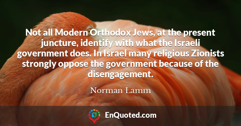 Not all Modern Orthodox Jews, at the present juncture, identify with what the Israeli government does. In Israel many religious Zionists strongly oppose the government because of the disengagement.