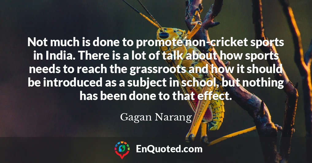 Not much is done to promote non-cricket sports in India. There is a lot of talk about how sports needs to reach the grassroots and how it should be introduced as a subject in school, but nothing has been done to that effect.