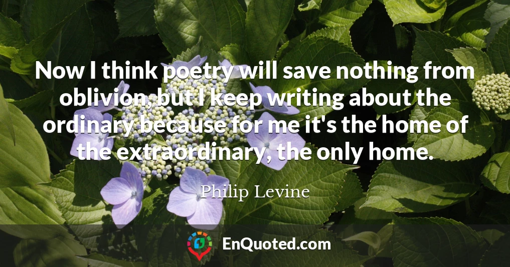 Now I think poetry will save nothing from oblivion, but I keep writing about the ordinary because for me it's the home of the extraordinary, the only home.