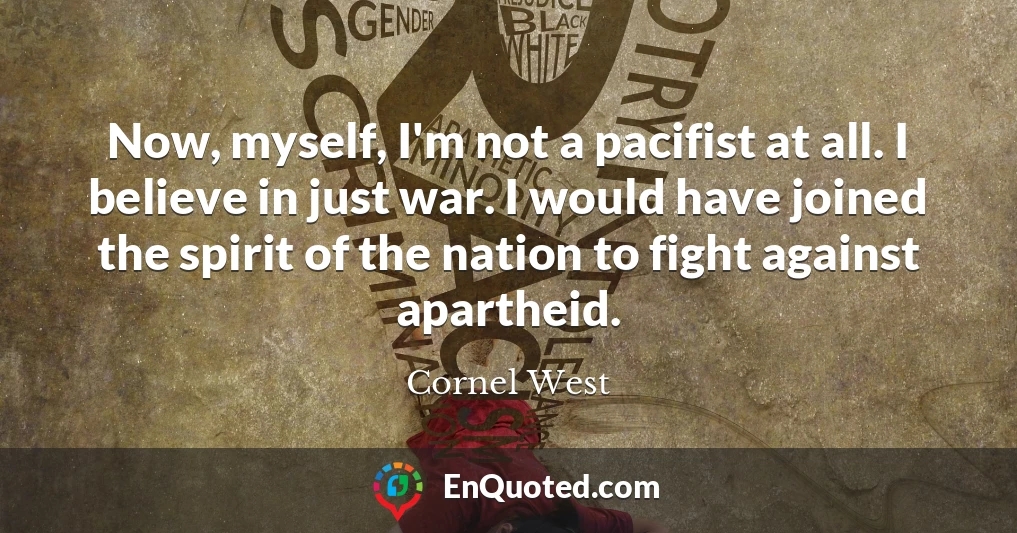 Now, myself, I'm not a pacifist at all. I believe in just war. I would have joined the spirit of the nation to fight against apartheid.