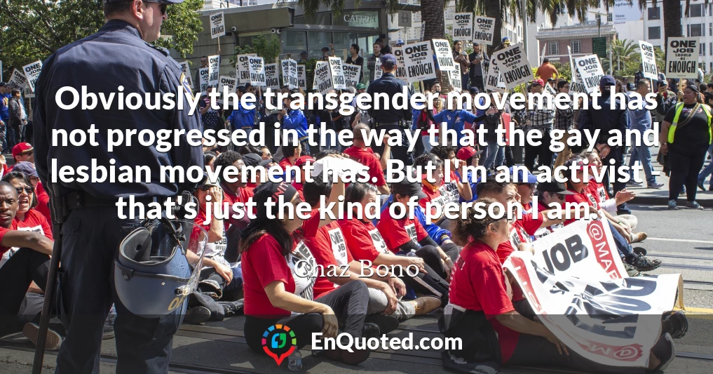 Obviously the transgender movement has not progressed in the way that the gay and lesbian movement has. But I'm an activist - that's just the kind of person I am.