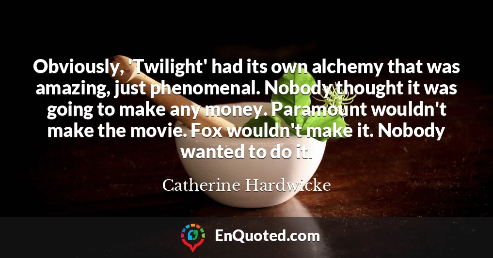 Obviously, 'Twilight' had its own alchemy that was amazing, just phenomenal. Nobody thought it was going to make any money. Paramount wouldn't make the movie. Fox wouldn't make it. Nobody wanted to do it.