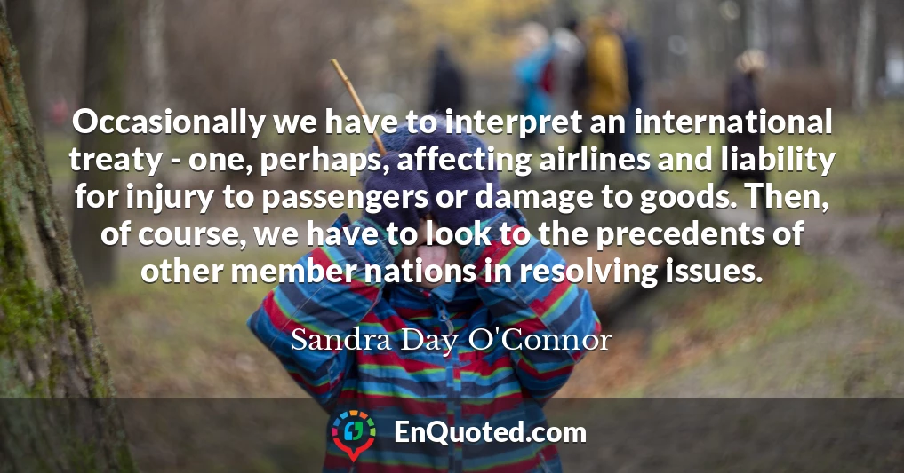 Occasionally we have to interpret an international treaty - one, perhaps, affecting airlines and liability for injury to passengers or damage to goods. Then, of course, we have to look to the precedents of other member nations in resolving issues.