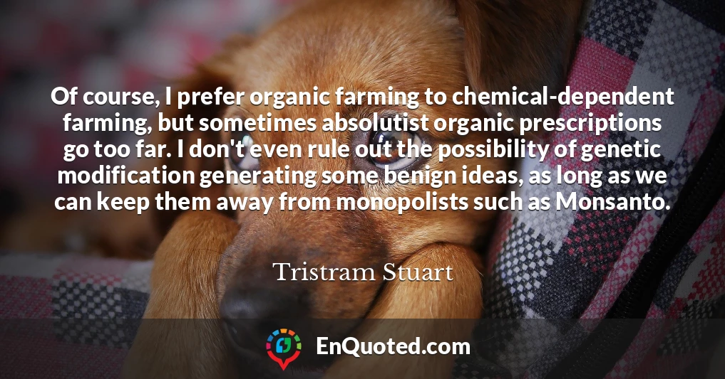 Of course, I prefer organic farming to chemical-dependent farming, but sometimes absolutist organic prescriptions go too far. I don't even rule out the possibility of genetic modification generating some benign ideas, as long as we can keep them away from monopolists such as Monsanto.