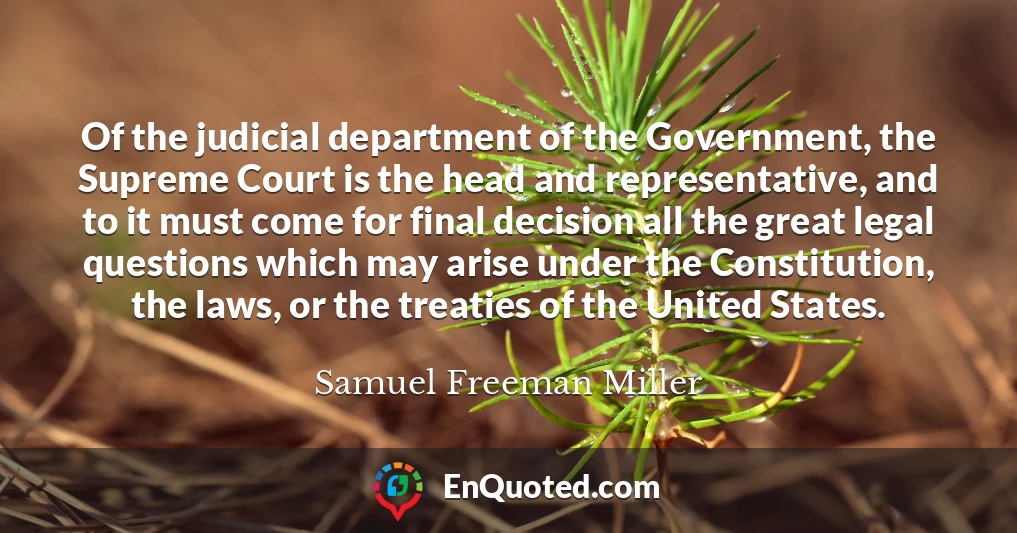 Of the judicial department of the Government, the Supreme Court is the head and representative, and to it must come for final decision all the great legal questions which may arise under the Constitution, the laws, or the treaties of the United States.