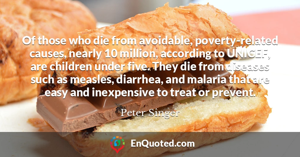 Of those who die from avoidable, poverty-related causes, nearly 10 million, according to UNICEF, are children under five. They die from diseases such as measles, diarrhea, and malaria that are easy and inexpensive to treat or prevent.