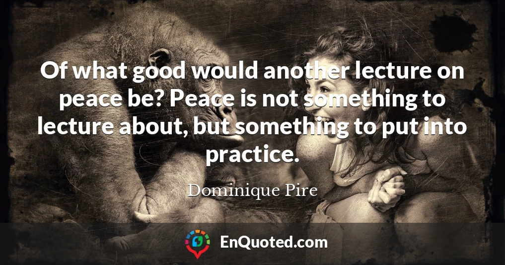 Of what good would another lecture on peace be? Peace is not something to lecture about, but something to put into practice.