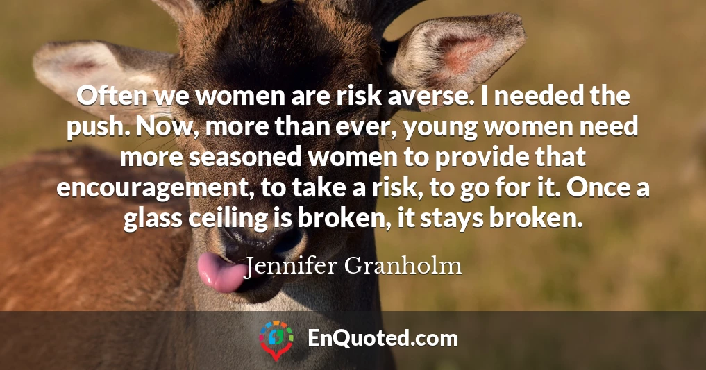 Often we women are risk averse. I needed the push. Now, more than ever, young women need more seasoned women to provide that encouragement, to take a risk, to go for it. Once a glass ceiling is broken, it stays broken.